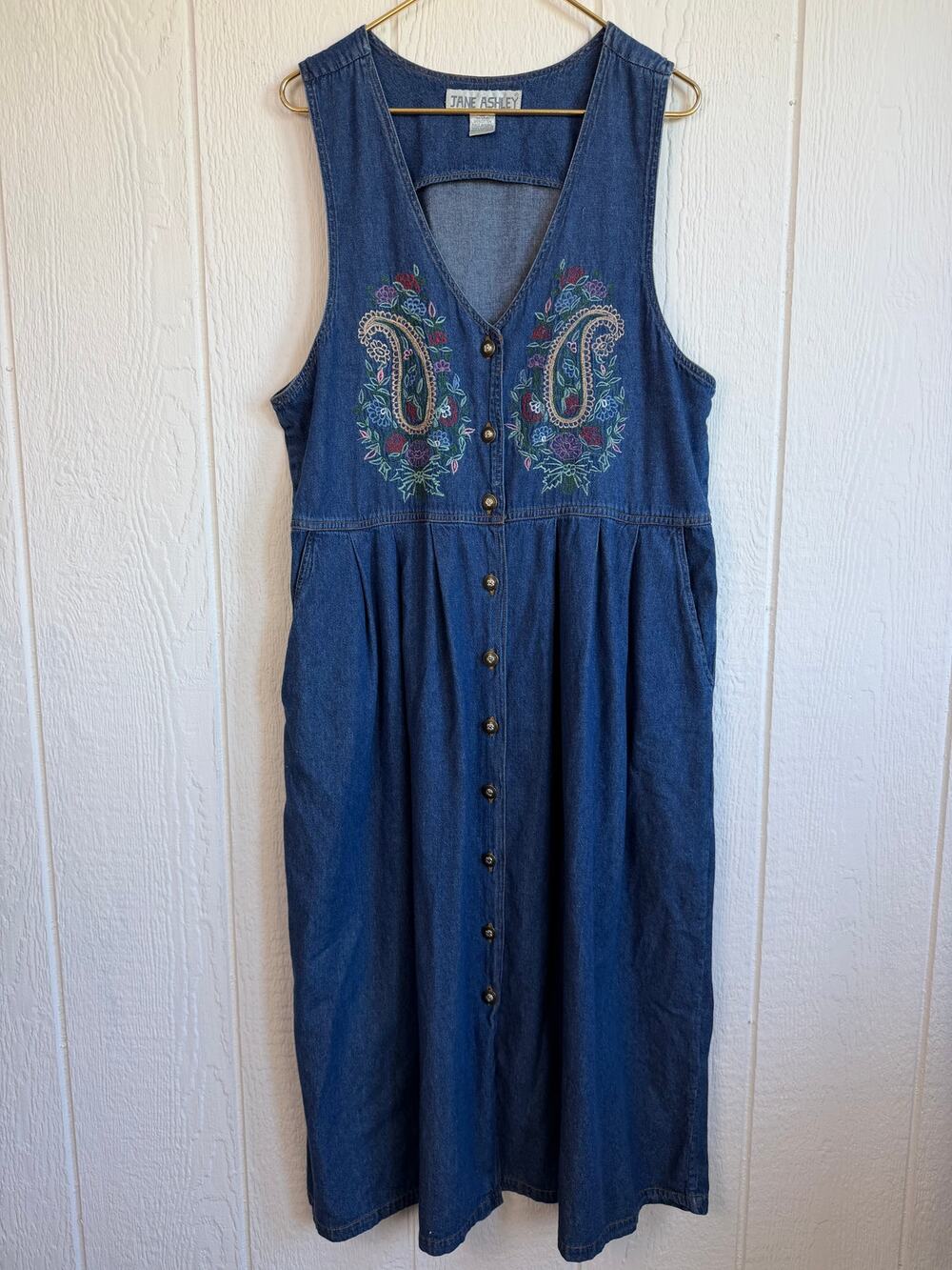 Vintage 90s Jane Ashley Denim LG Maxi Dress Embroidered Paisley Floral Button